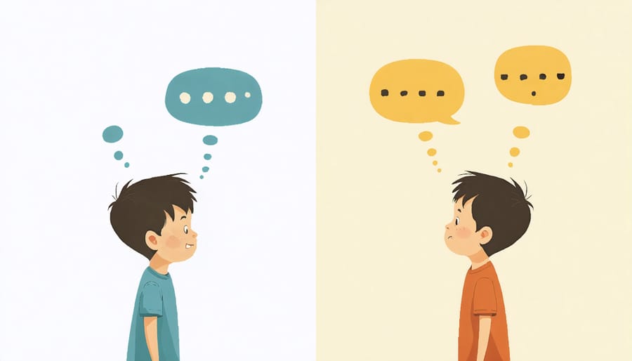 Illustration showing a child's transformation from negative to positive self-talk through thought bubbles