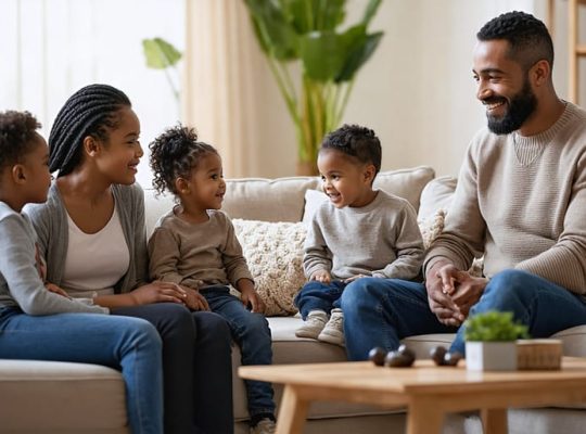 A multicultural family group sharing emotional support and connection in a cozy living room setting.