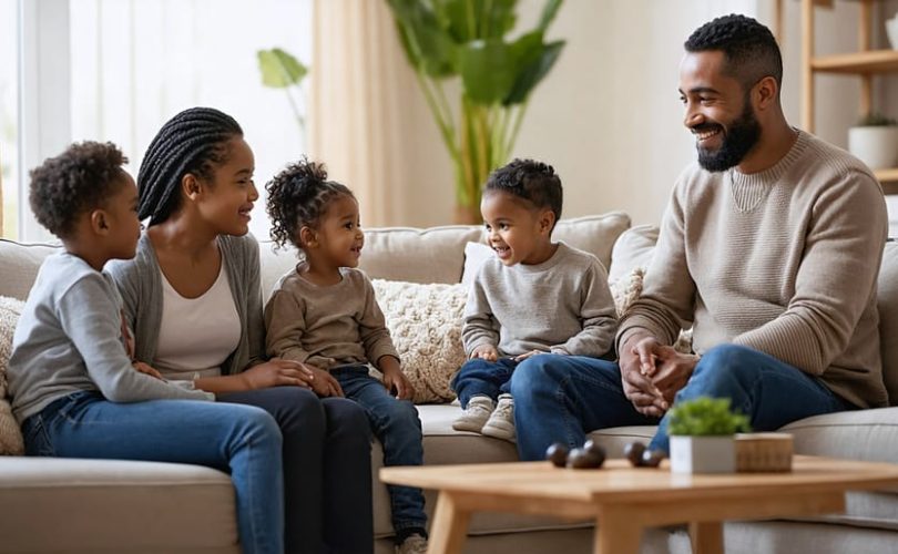 A multicultural family group sharing emotional support and connection in a cozy living room setting.