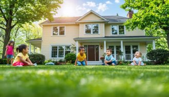 A harmonious family scene with children playing safely in a welcoming front yard, illustrating the positive effects of housing stability on emotional and mental well-being.