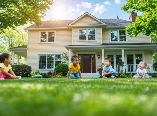 A harmonious family scene with children playing safely in a welcoming front yard, illustrating the positive effects of housing stability on emotional and mental well-being.