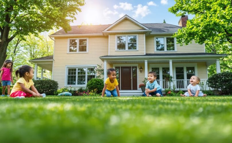 A harmonious family scene with children playing safely in a welcoming front yard, illustrating the positive effects of housing stability on emotional and mental well-being.