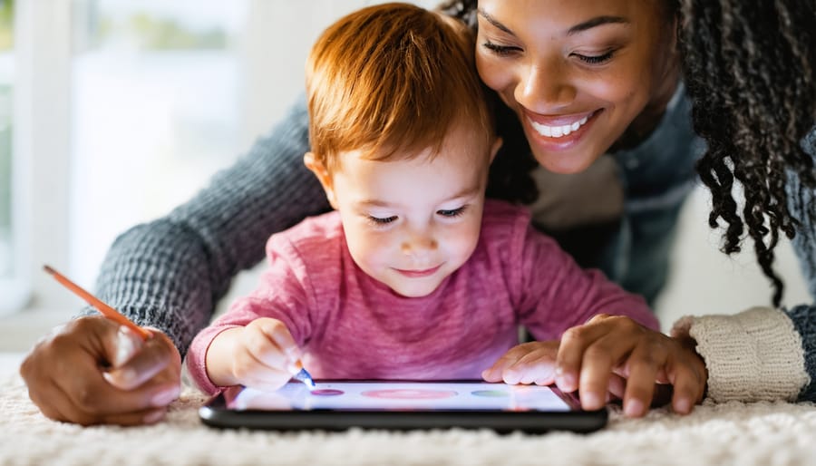 Parent and child sharing a moment while using a digital mental health storytelling application