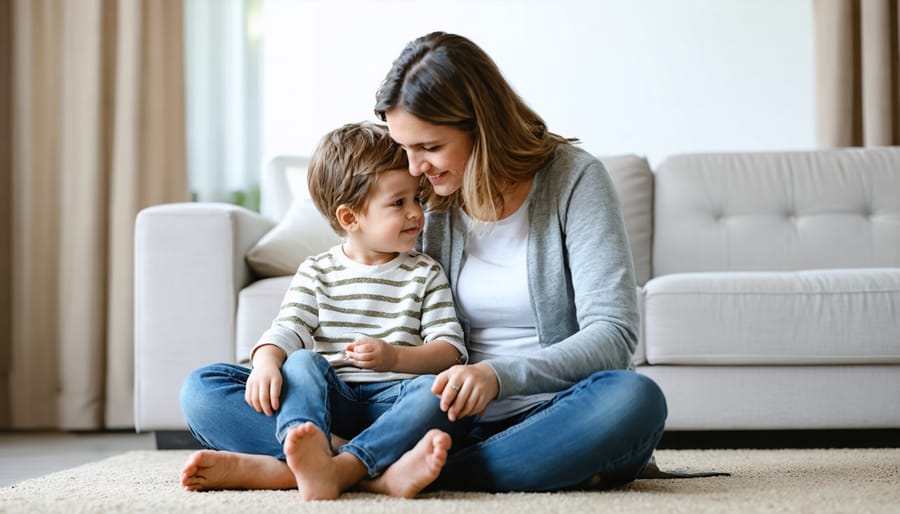 Parent and child having a heartfelt discussion while sitting on a couch in a warm, well-lit room