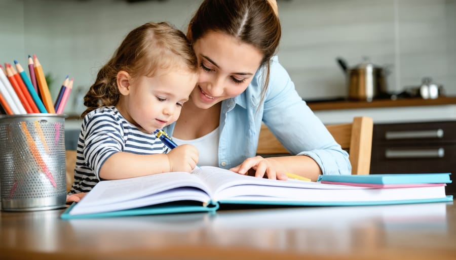 Parent helping child with homework while both smile and engage in learning