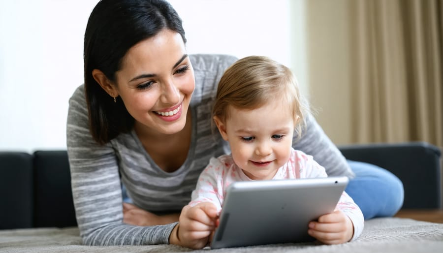 Parent and child sitting together, viewing and discussing digital content on a tablet