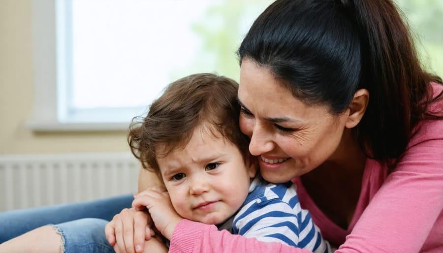 Parent hugging and consoling an upset child in a gentle, supportive manner