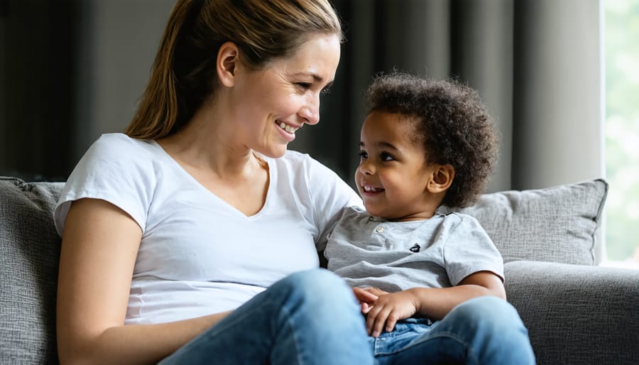 Parent listening and talking supportively with child during housing transition