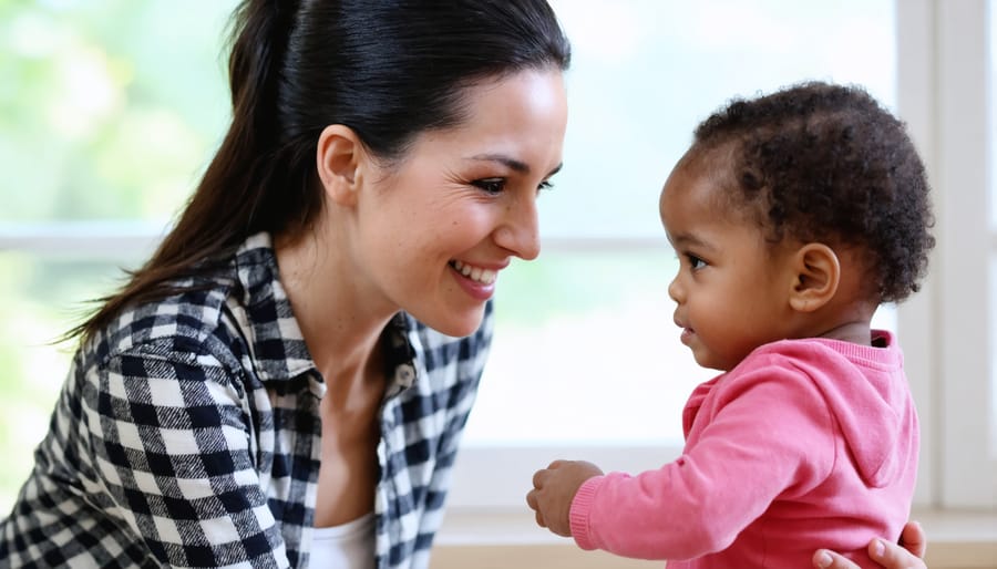 Parent and child having a gentle, supportive conversation on a couch