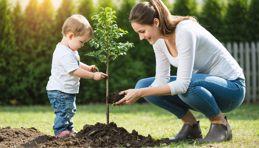 Parent and child working together to plant a young tree, demonstrating positive environmental action