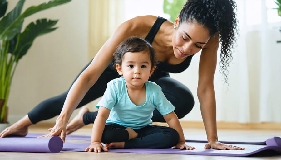 Parent and 5-year-old child performing simple yoga poses together on exercise mats