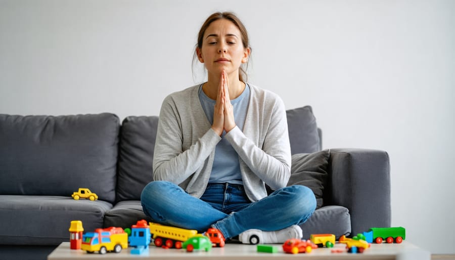 Parent taking a mindful moment for stress relief in a realistic home setting