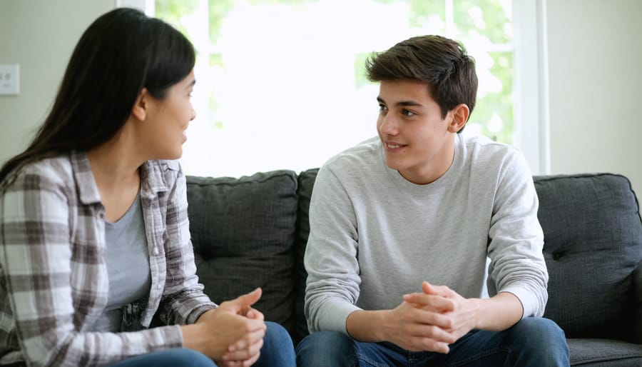 Parent and teenager engaged in meaningful conversation on living room couch