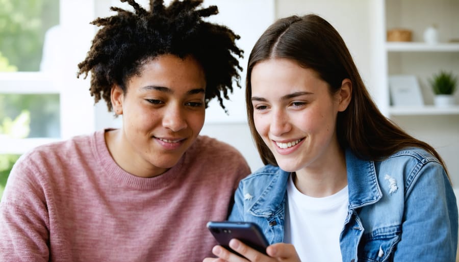 Parent and teenager engaged in open conversation about social media content