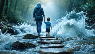 A conceptual depiction of a parent and child walking together across stepping stones in a turbulent stream, symbolizing resilience and emotional support.