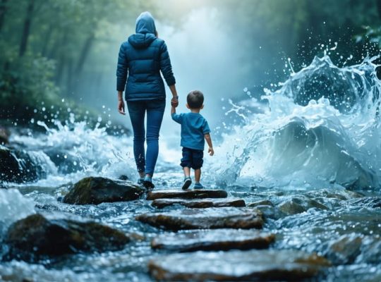 A conceptual depiction of a parent and child walking together across stepping stones in a turbulent stream, symbolizing resilience and emotional support.