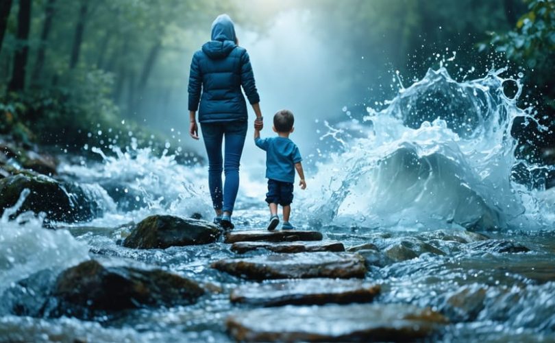 A conceptual depiction of a parent and child walking together across stepping stones in a turbulent stream, symbolizing resilience and emotional support.