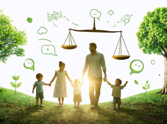 An illustration showing a family surrounded by symbols representing different parenting styles, with nature elements symbolizing growth and well-being.