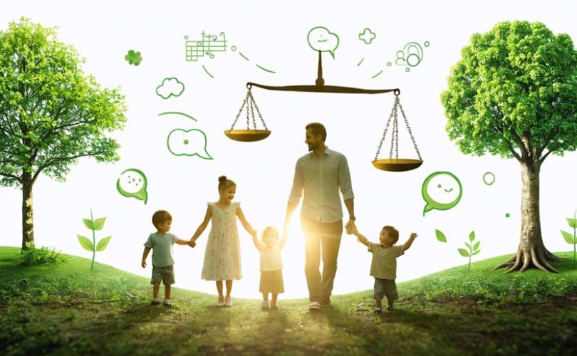 An illustration showing a family surrounded by symbols representing different parenting styles, with nature elements symbolizing growth and well-being.