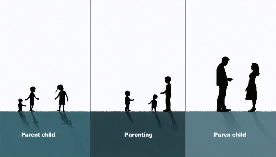 Visual comparison of authoritarian, authoritative, and permissive parenting styles showing different parent-child interactions