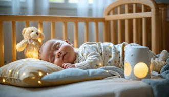 "A serene nursery setting with a baby asleep in a crib, accompanied by soft lighting, a white noise machine, and blackout curtains for an ideal sleep environment."