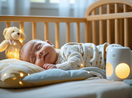 "A serene nursery setting with a baby asleep in a crib, accompanied by soft lighting, a white noise machine, and blackout curtains for an ideal sleep environment."