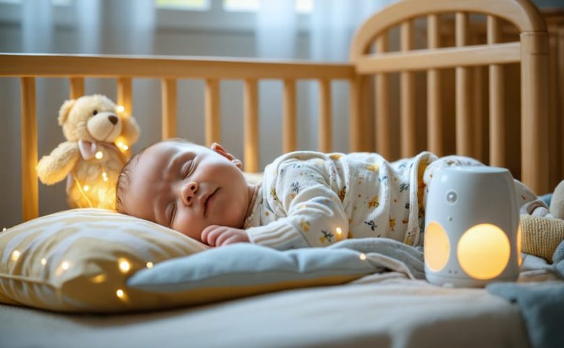 "A serene nursery setting with a baby asleep in a crib, accompanied by soft lighting, a white noise machine, and blackout curtains for an ideal sleep environment."