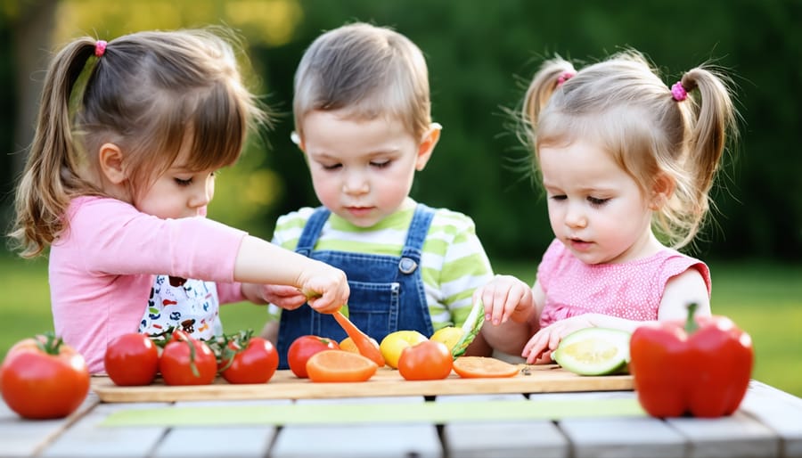 Children playing an educational game with plastic food items, sorting healthy and unhealthy choices