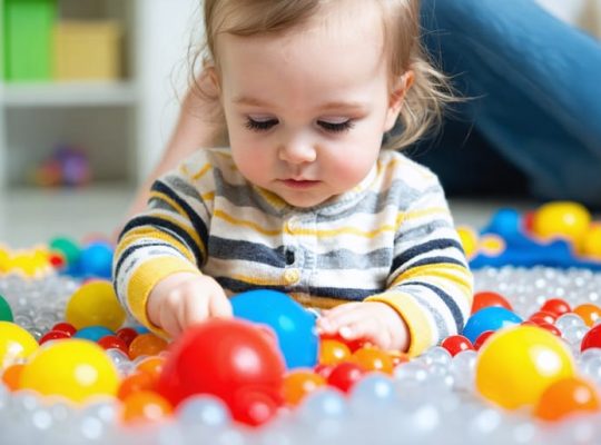 A two-year-old engaged in a therapeutic play session, interacting with sensory materials like colorful water beads in a caring and nurturing environment.