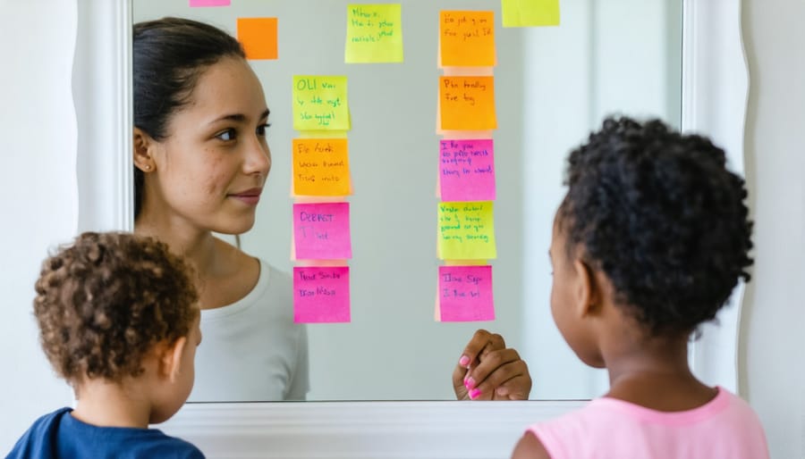 Parent helping child place positive affirmation sticky notes on a bathroom mirror