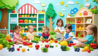 A diverse group of preschool children engaged in role-playing activities about healthy choices, surrounded by toy fruits, vegetables, and props for a pretend grocery store.