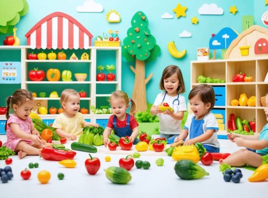 A diverse group of preschool children engaged in role-playing activities about healthy choices, surrounded by toy fruits, vegetables, and props for a pretend grocery store.