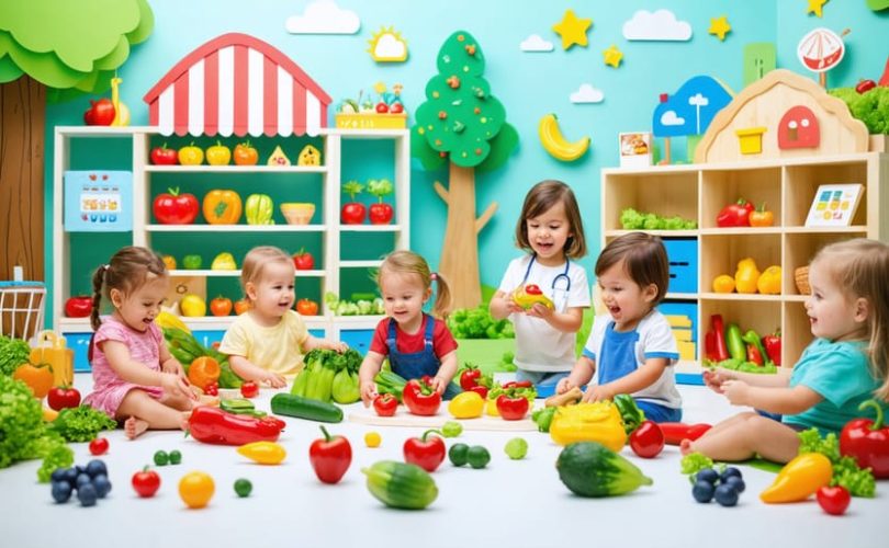 A diverse group of preschool children engaged in role-playing activities about healthy choices, surrounded by toy fruits, vegetables, and props for a pretend grocery store.