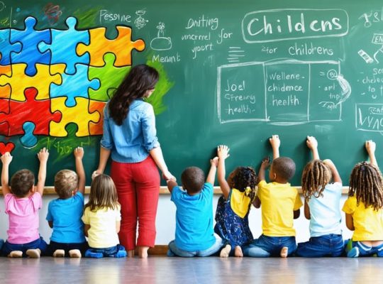 Conceptual illustration of a teacher guiding diverse students in a supportive school environment, symbolizing mental health support for foster children with interconnected puzzle pieces.