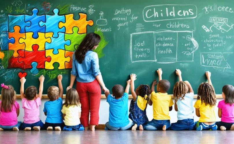 Conceptual illustration of a teacher guiding diverse students in a supportive school environment, symbolizing mental health support for foster children with interconnected puzzle pieces.