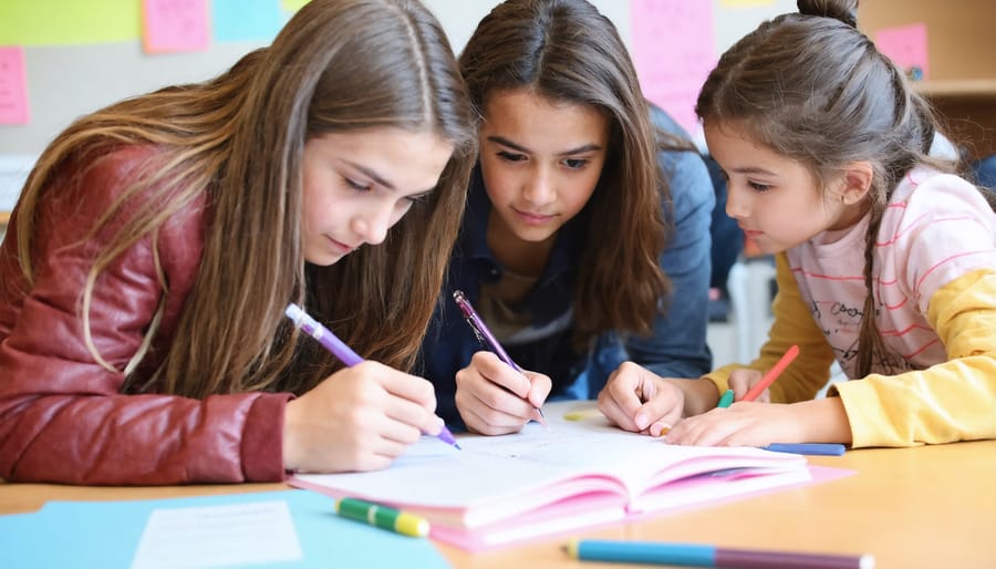 High school students working together on a project while their teacher provides support