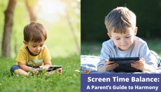 Split-image of a child peacefully playing outside versus using a digital device indoors, illustrating a balanced approach to screen time.