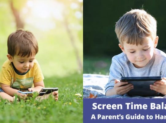 Split-image of a child peacefully playing outside versus using a digital device indoors, illustrating a balanced approach to screen time.