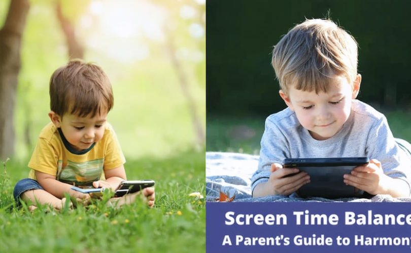 Split-image of a child peacefully playing outside versus using a digital device indoors, illustrating a balanced approach to screen time.