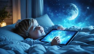 Conceptual illustration of a child in bed with a glowing tablet, illustrating blue light impacting sleep and contrasting with natural sleep symbols like stars and a moon.