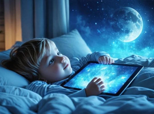 Conceptual illustration of a child in bed with a glowing tablet, illustrating blue light impacting sleep and contrasting with natural sleep symbols like stars and a moon.