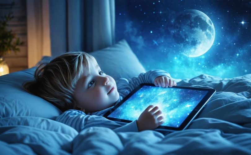 Conceptual illustration of a child in bed with a glowing tablet, illustrating blue light impacting sleep and contrasting with natural sleep symbols like stars and a moon.