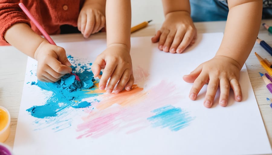 Children's hands working with various textured art materials including clay, sand, and paint