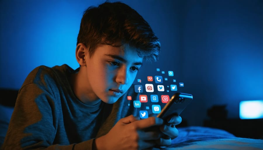 Teenager in dimly lit room looking stressed while checking social media notifications