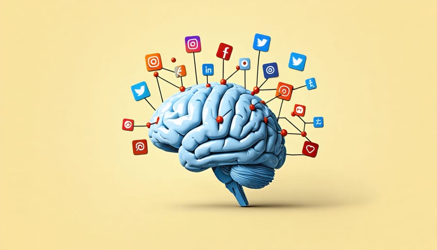 Artistic representation of brain reward system connected to social media symbols