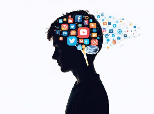 Conceptual illustration of a young person's silhouette intertwined with social media icons and brain dopamine pathways, symbolizing the dual impact of social media on mental health.