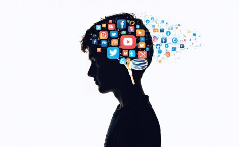 Conceptual illustration of a young person's silhouette intertwined with social media icons and brain dopamine pathways, symbolizing the dual impact of social media on mental health.