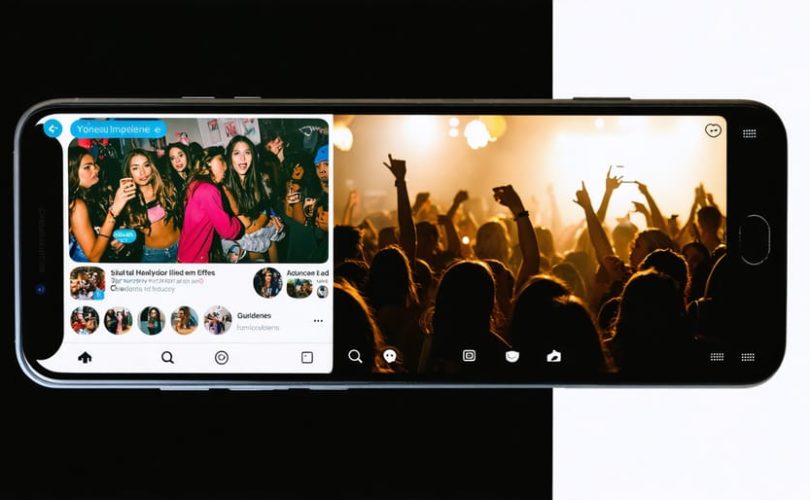 Split-screen image depicting the dual influence of social media on teens, showing glamorous party content on a smartphone and the contrasting struggles teens face due to substance use.