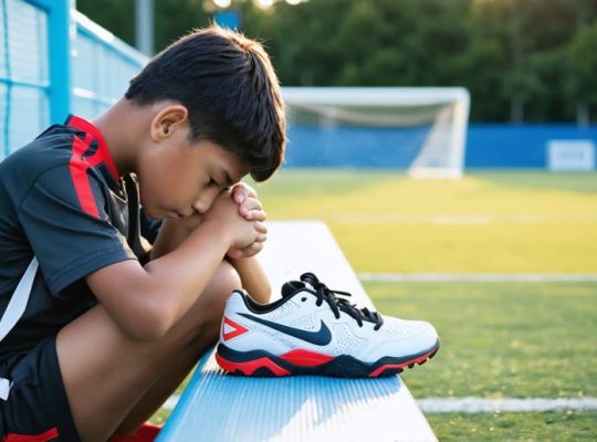 A young athlete sitting pensively on a sports bench, illustrating the emotional challenges faced in competitive environments.