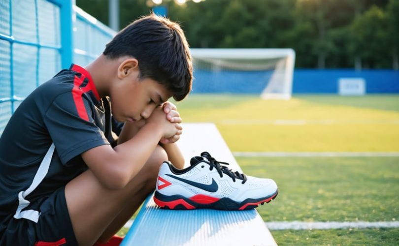 A young athlete sitting pensively on a sports bench, illustrating the emotional challenges faced in competitive environments.